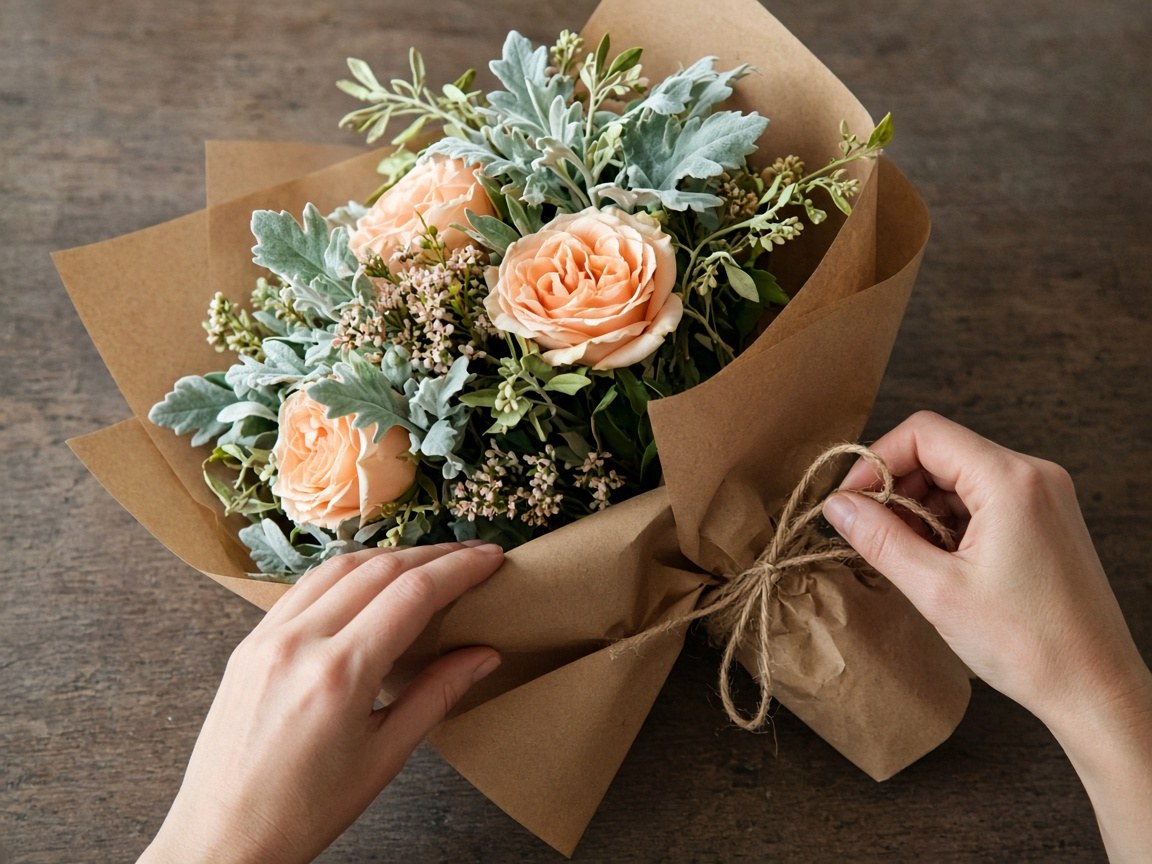 Wrapping a bouquet in kraft